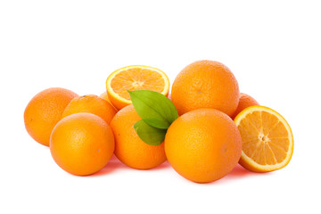 Pile of ripe oranges isolated on white background. Healthy food