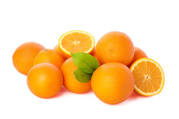 Pile of ripe oranges isolated on white background. Healthy food