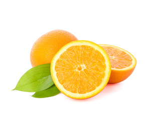 Ripe oranges with leaves isolated on white background. Citrus food