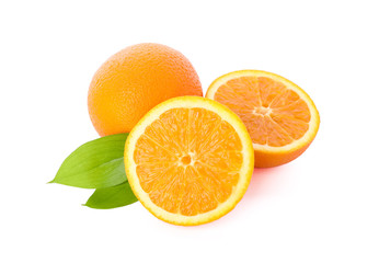 Fototapeta na wymiar Ripe oranges with leaves isolated on white background. Citrus food