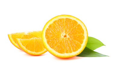 Ripe orange with pieces and leaves isolated on white background. Citrus food