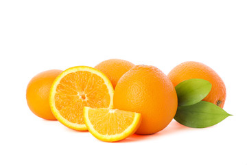 Ripe oranges with leaves isolated on white background. Citrus food