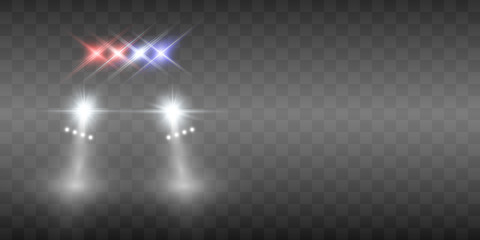 Realistic white glow round beams of car headlights, isolated on transparent background. Police car. Light from headlights. Police patrol. 