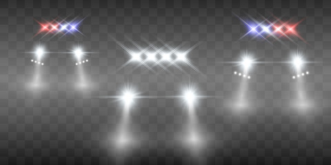 Realistic white glow round beams of car headlights, isolated on transparent background. Police car. Light from headlights. Police patrol. 