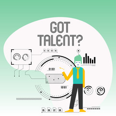 Obraz premium Text sign showing Got Talentquestion. Business photo text asking if got natural ability to be good at something Man Standing Holding Pen Pointing to Chart Diagram with SEO Process Icons