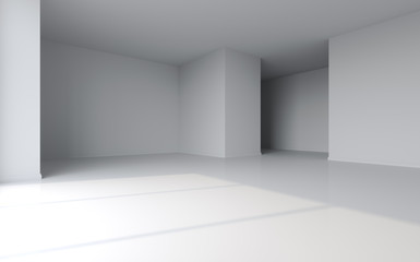 Naklejka na ściany i meble Empty white room with big window and sun light. 3D illustration. 