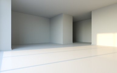 Empty white room with big window and sun light. 3D illustration. 