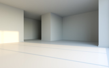 Empty white room with big window and sun light. 3D illustration. 