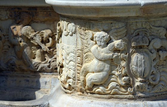 Beautiful details of the Morosini Fountain in Heraklion