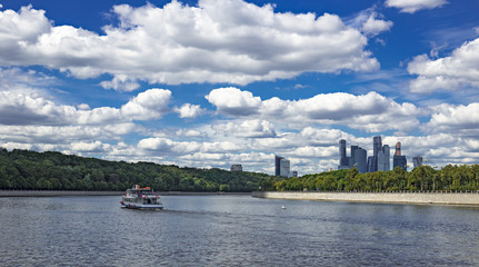 Fototapeta premium view of Moscow river with walking ship
