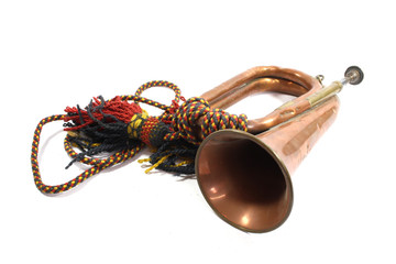 A Brass and Copper Small Bugle  Instrument On White Background