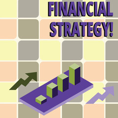 Conceptual hand writing showing Financial Strategy. Concept meaning plan to finance its overall operations to meet objectives Clustered 3D Bar Chart Graph in Perspective with Two Arrows