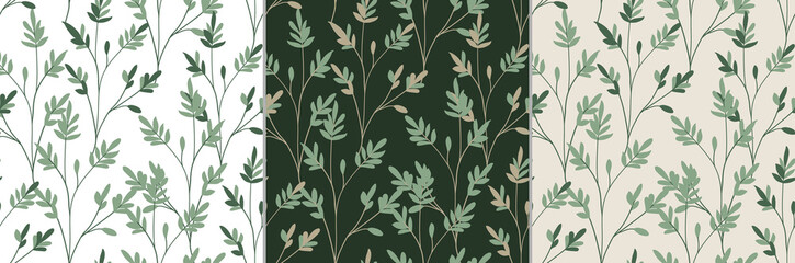 Vector set of seamless patterns with wild herbs. Branches and leaves.