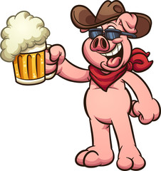 Cow boy pig with beer mug on his hand clip art. Vector illustration with simple gradients. All in a single layer. 