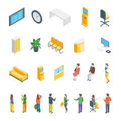 Bank Office Interior with Furniture and People Icons Isometric View. Vector
