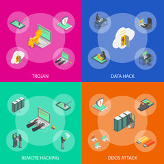 Hacker Banner 3d Set Isometric View. Vector