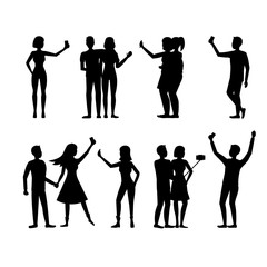 Cartoon Silhouette Black Characters People Takes Selfie Concept. Vector
