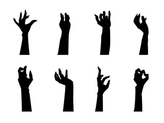 Cartoon Silhouette Black Zombie Hand Icons Set. Vector