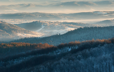 panoramic view of frozen Bieszczady mountains