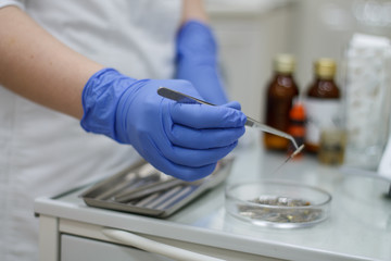dental instruments in hand blue glove on background of dentistry tweezers and burs