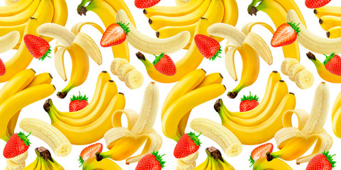 Banana and strawberry seamless pattern, falling bananas and strawberries isolated on white background with clipping path