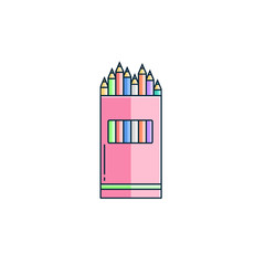 Colored pencils set icon in flat color line design. Pen box for kids in thin linear style. School supply or stationery vector object, symbol.