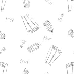Vector illustration of key, cabinet, birdcage. Wardrobe and key seamless pattern. Hand drawing bird cage.