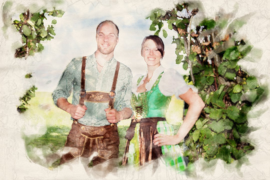 bavarian couple standing underneath a tree
