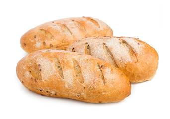 Set of three loaves, bread isolated on white background, close up.