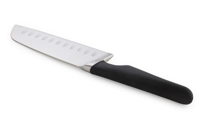 Big chef's kitchen knife with black handle isolated on white background