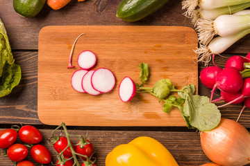 Radish and other fresh vegetables and ingredients for cooking