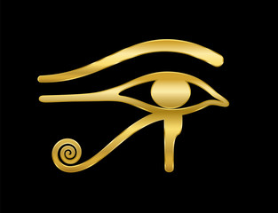 Golden Eye of Horus on black background. Ancient Egyptian goddess Wedjat symbol of protection, royal power and good health. Similar to Eye of Ra. - obrazy, fototapety, plakaty