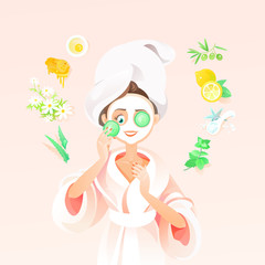 Young Beautiful Brunette Woman Using A Homemade Natural Face Mask with Slice of Cucumber. Girl in a Towel on Head Applying Natural Skin Care Products. Vector Illustration Healthy and Beautiful Face