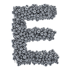 Metallic letter E from metal balls, 3D rendering