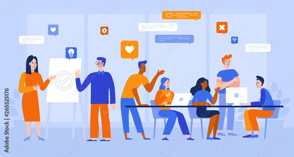 Poster Vector illustration in flat simple style with characters - app and software development - people working together