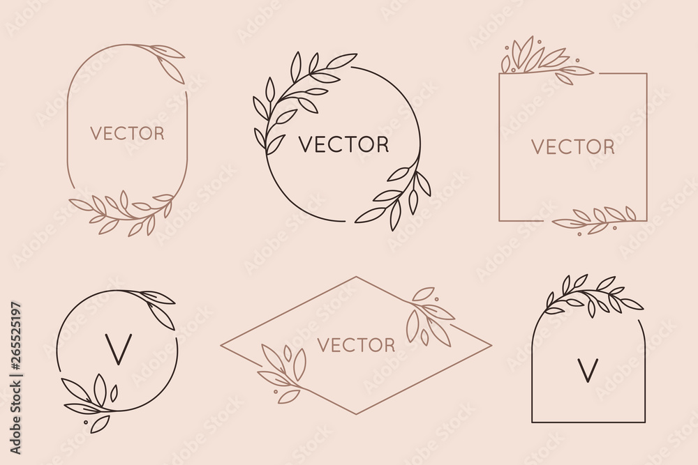 Poster Vector logo design template and monogram concept in trendy linear style - floral frame with copy space for text or letter