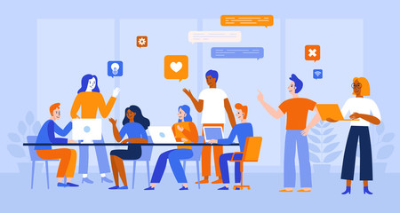 Vector illustration in flat simple style with characters - app and software development - people working together