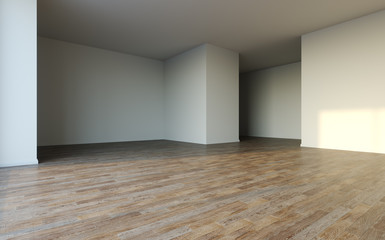 Empty white room with big window and sun light. 3D illustration.