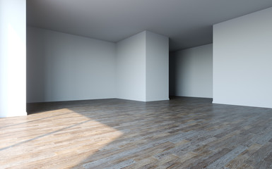 Empty white room with big window and sun light. 3D illustration.