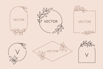 Vector logo design template and monogram concept in trendy linear style - floral frame with copy space for text or letter - obrazy, fototapety, plakaty