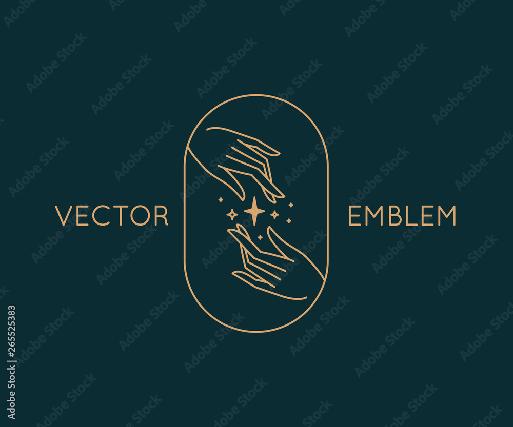 Poster Vector abstract logo design template in trendy linear minimal style - hands with moon and stars - symbol for cosmetics