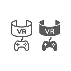 VR gaming line and glyph icon, device and entertainment, virtual reality headset sign, vector graphics, a linear pattern on a white background.