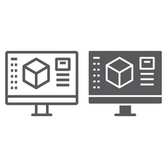 3d design line and glyph icon, model and computer, 3d modeling sign, vector graphics, a linear pattern on a white background.