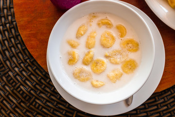 Banana in Coconut Milk. Traditional dessert of asian, Thailand.