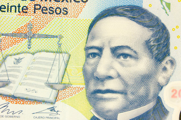 Portrait of Don Benito Juarez at 20 Mexican pesos close-up.