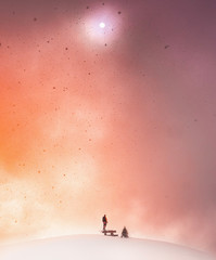 Snowstorm by a bench 