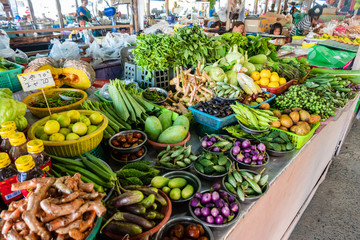 Traditional asian market. Fruits and vegetables at a farmers market. Organic fresh agricultural product.