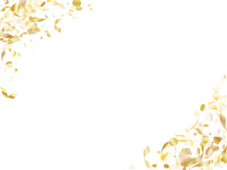 Holiday realistic gold confetti flying on black background.