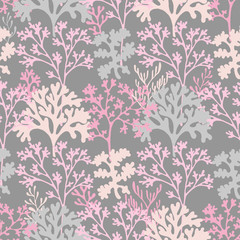 Coral reef underwater plans vector seamless pattern.