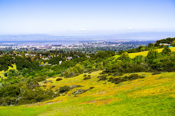 View towards Redwood City and Menlo Park; hills and valleys covered in green grass and wildflowers visible in the foreground, Silicon Valley, San Francisco bay, California